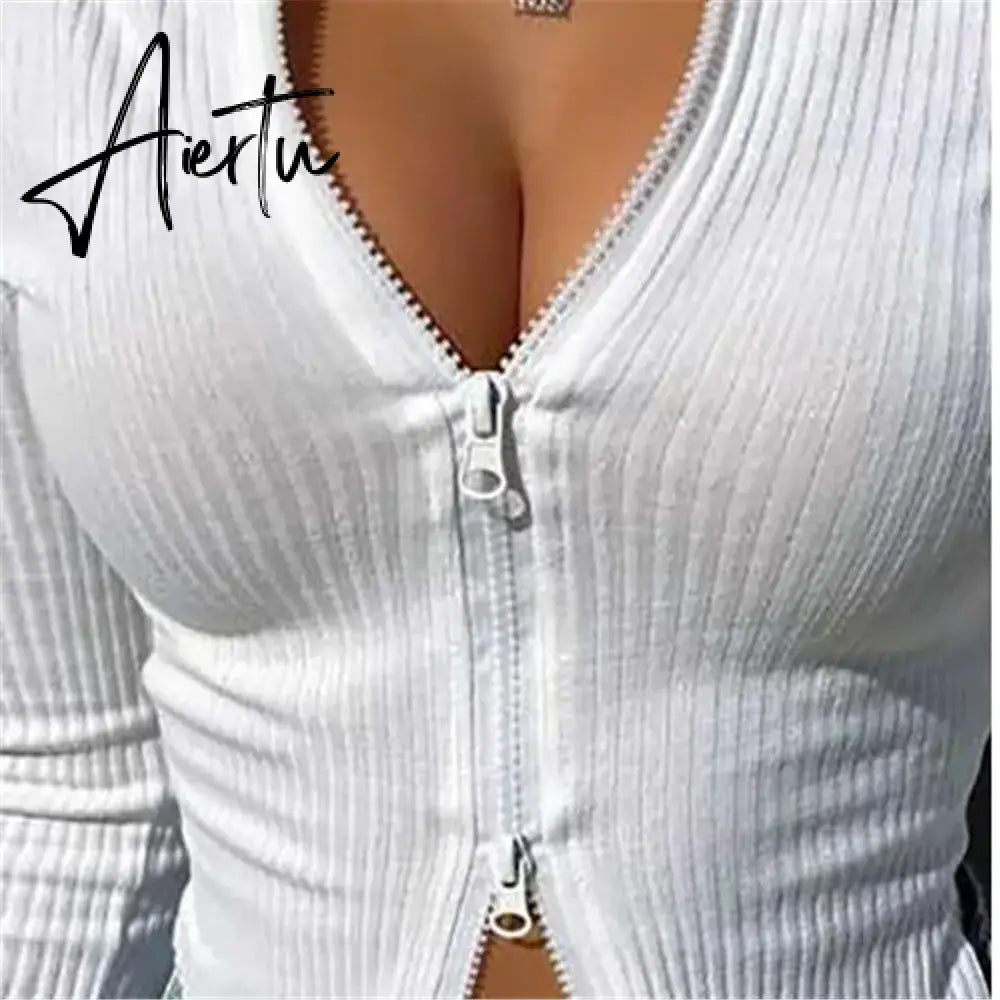 Women T-shirt Spring Autumn Clothes Ribbed Knitted Long Sleeve Crop Tops Zipper Design Tee Sexy Female Slim Black White Tops Aiertu