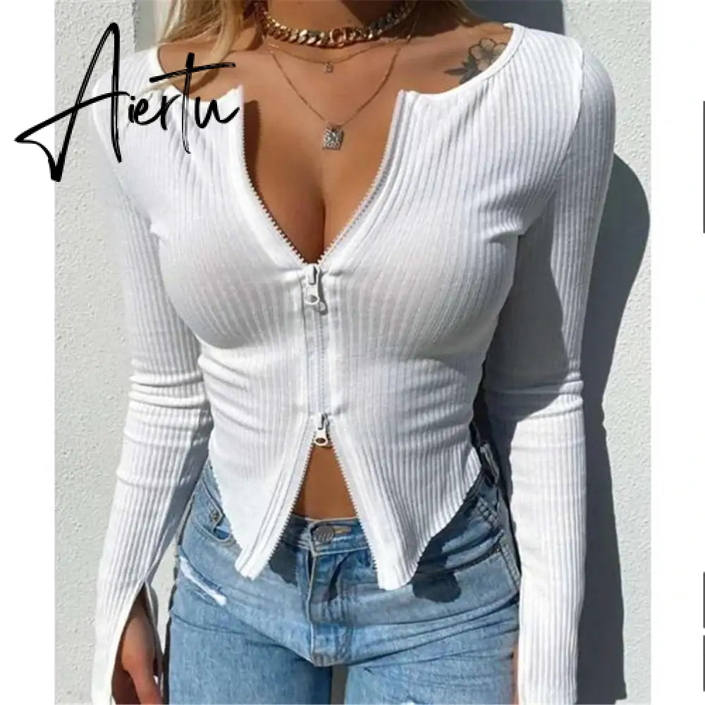 Women T-shirt Spring Autumn Clothes Ribbed Knitted Long Sleeve Crop Tops Zipper Design Tee Sexy Female Slim Black White Tops Aiertu
