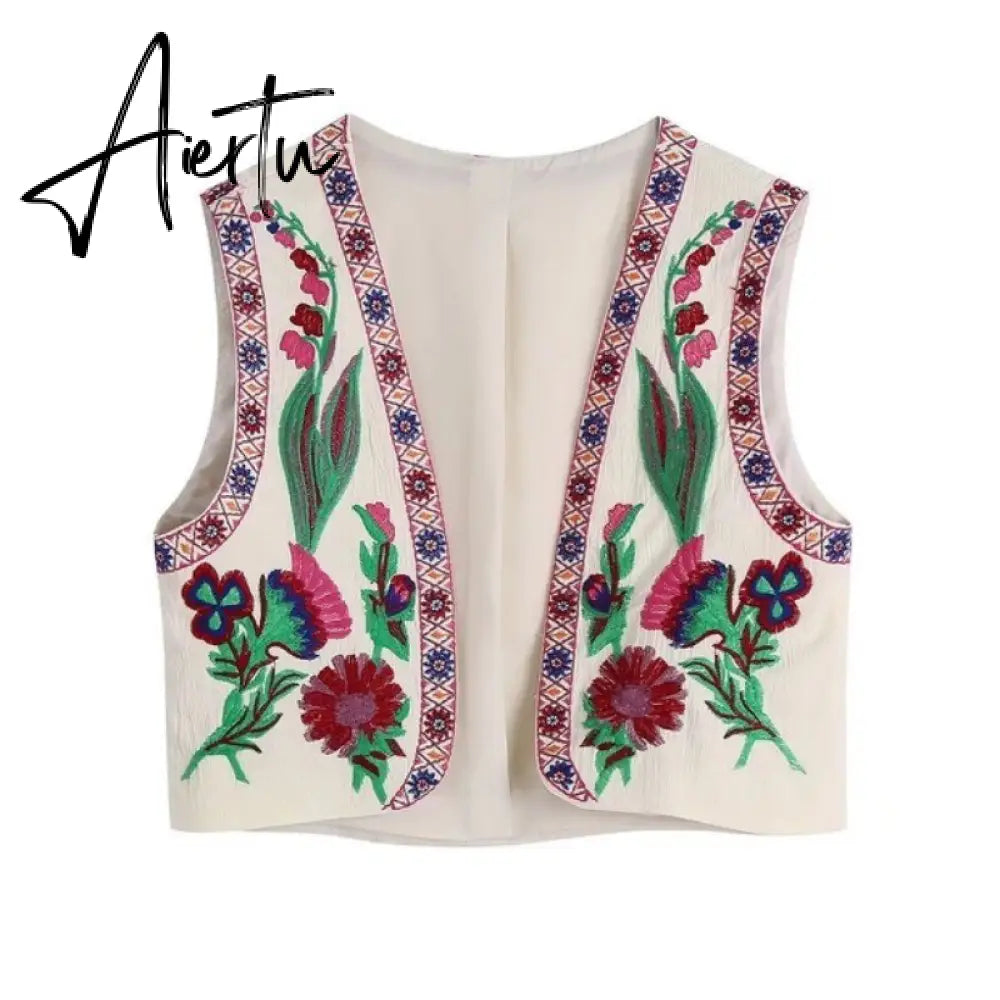 Women Vintage Floral Embroidery Printed Unisex Vest Round Collar Sleeveless Cropped Coats Summer Elegant Cotton Linen Tops Aiertu