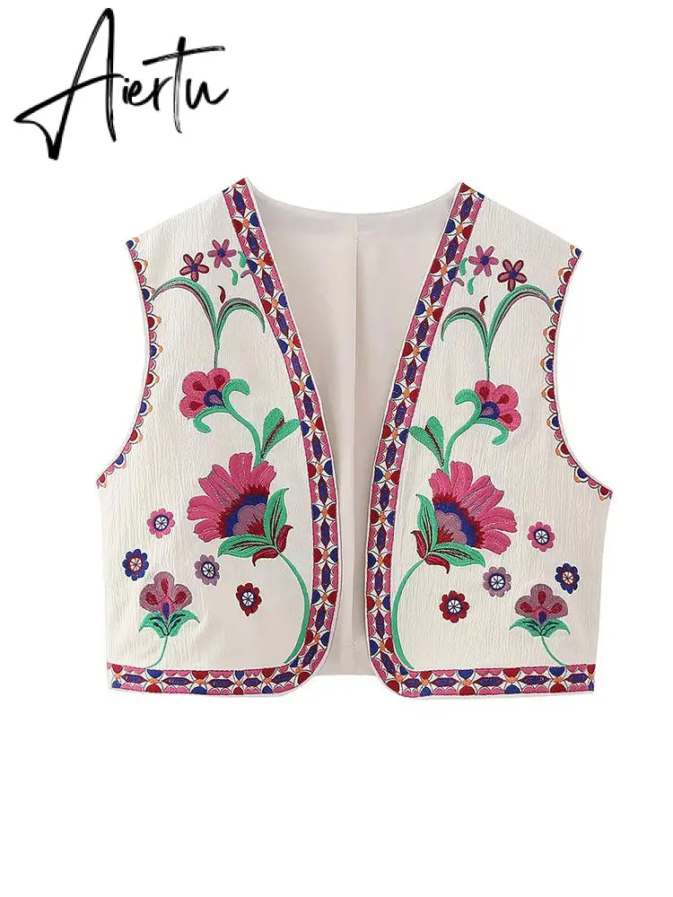 Women Vintage Floral Embroidery Printed Unisex Vest Round Collar Sleeveless Cropped Coats Summer Elegant Cotton Linen Tops Aiertu