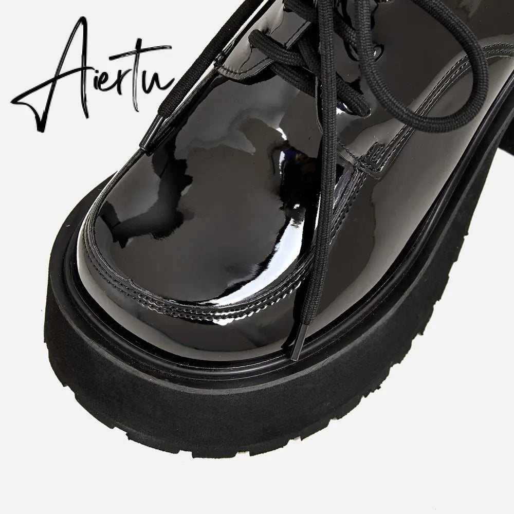 Women Waterproof Platform Patent Leather Thick-Soled Shoes mysite