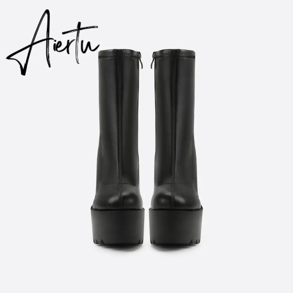 Women Waterproof Platform Side Zipper Thick Heel Boots mysite
