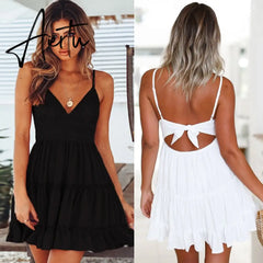 Women White Lace Halter Sexy Dress Summer Sleeveless Boho Mini Strappy Dresses Female Beach V Neck Solid Color Party Sundress Aiertu