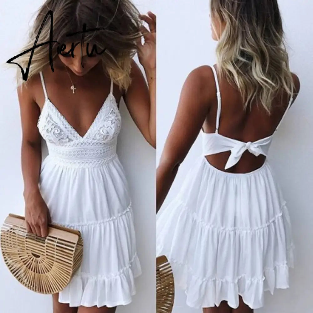 Women White Lace Halter Sexy Dress Summer Sleeveless Boho Mini Strappy Dresses Female Beach V Neck Solid Color Party Sundress Aiertu