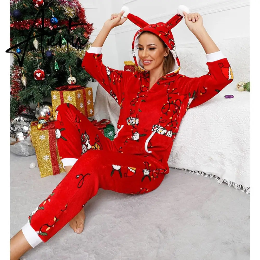 Women Winter Casual Nightwear Christmas Printed Long Sleeve Hooded Jumpsuit Loose Pajama Home Sleep Wear S/ M/ L/ XL/ XXL Aiertu