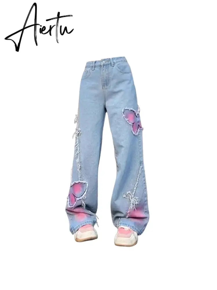 Women's Blue Butterfly Jeans Baggy Vintage Y2k Denim Trousers 2000s Harajuku Wide Leg Cowboy Pants Trashy 90s Aesthetic Clothes Aiertu