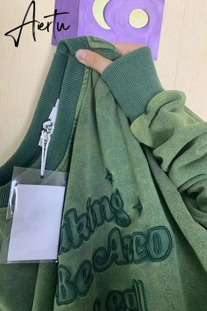Womens Clothing Green Vintage Street Sweatshirt Hoodie Letter Printing Long Sleeves Casual Warm Oversize Baggy Ladies Tops Aiertu