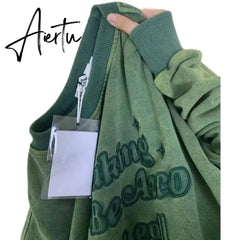 Womens Clothing Green Vintage Street Sweatshirt Hoodie Letter Printing Long Sleeves Casual Warm Oversize Baggy Ladies Tops Aiertu