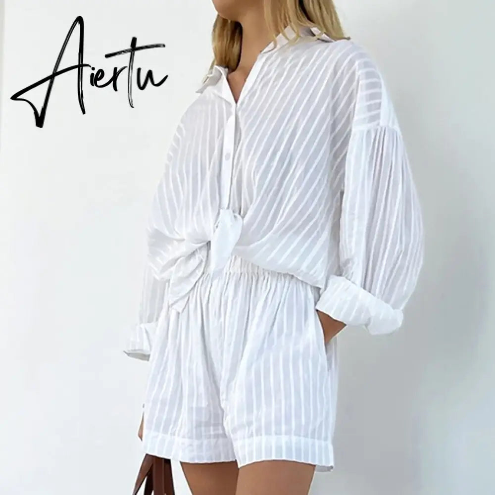 Women's Pajamas Cotton Casual Shorts Sets Striped Jacquard 2 Pieces Cozy Lapel Lantern Sleeve Shirt Summer Outfit Shorts Suits Aiertu