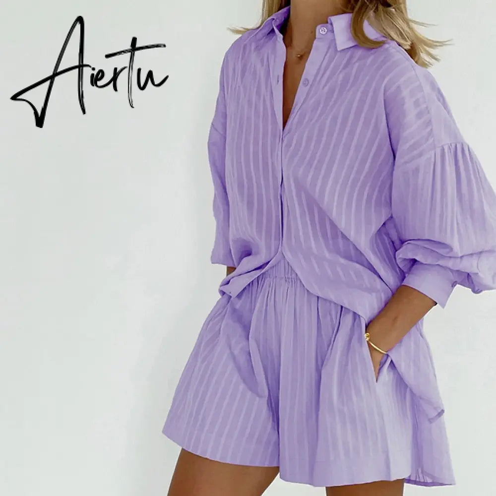 Women's Pajamas Cotton Casual Shorts Sets Striped Jacquard 2 Pieces Cozy Lapel Lantern Sleeve Shirt Summer Outfit Shorts Suits Aiertu