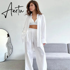 Women's Pajamas Summer Suit Cotton Linen Long Sleeve Shirt + Bra+ Pants Three Piece Outfit Casual Trouser Suits Aiertu