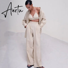Women's Pajamas Summer Suit Cotton Linen Long Sleeve Shirt + Bra+ Pants Three Piece Outfit Casual Trouser Suits Aiertu