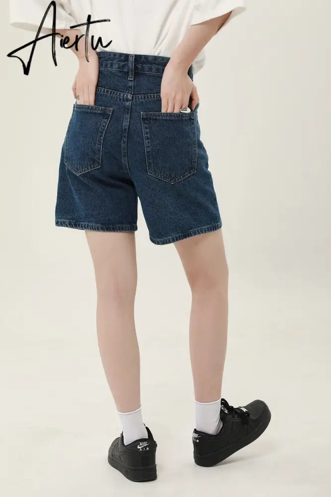 Women's Short  Summer High Waist Jeans Baggy Straight Five Points Trousers Streetwear Vintage Mom Denim Wide Leg Short Pants Aiertu