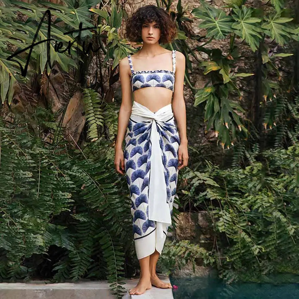 Women's Swimsuit Female Summer Fashion Leaves Printed Bikini Set Woman Two Piece Set and Cover-ups Beach Dress Bathing Suit Aiertu