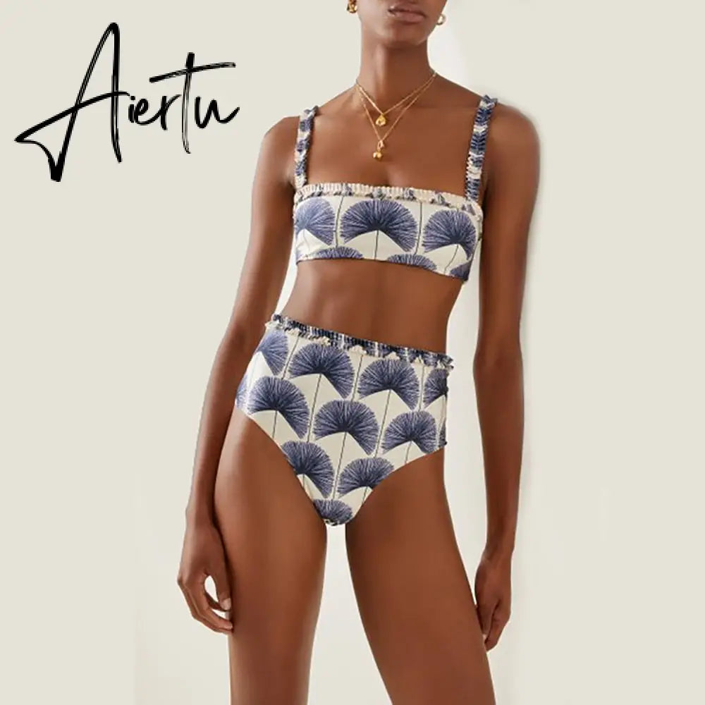 Women's Swimsuit Female Summer Fashion Leaves Printed Bikini Set Woman Two Piece Set and Cover-ups Beach Dress Bathing Suit Aiertu