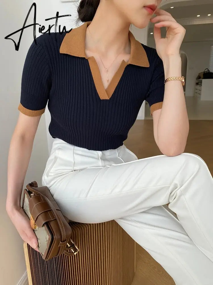 Women's T-shirt Polo Collar Short Sleeve Fashion Blouses  Female Slim Knitted Tee White Skinny Casual Women Summer Tank Top Aiertu