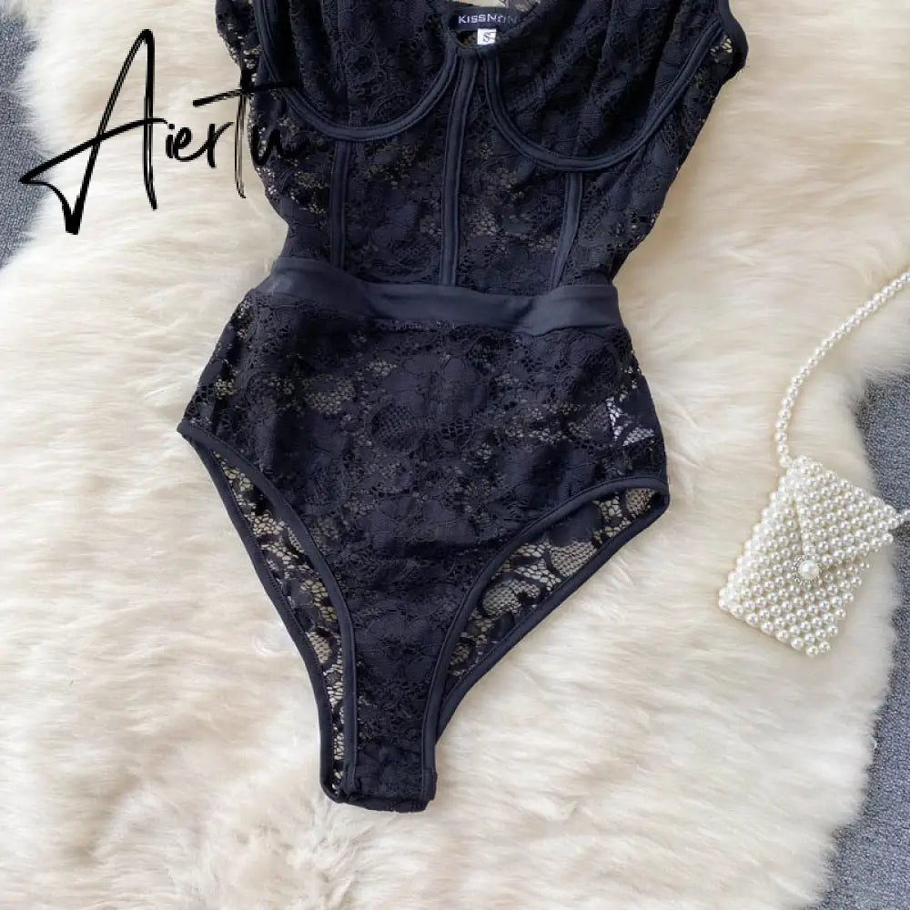 Women‘s Vintage American Retro Lace Camis Jumpsuits V Neck Sexy Black Ruffles Hot Sweet Hollow Out  Mesh Splicing Sheer Bodysuit Aiertu