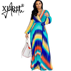 XURU new chiffon print plus size dress S-5XL women long sleeve dress V-neck casual loose dress Sexy woman dress Aiertu