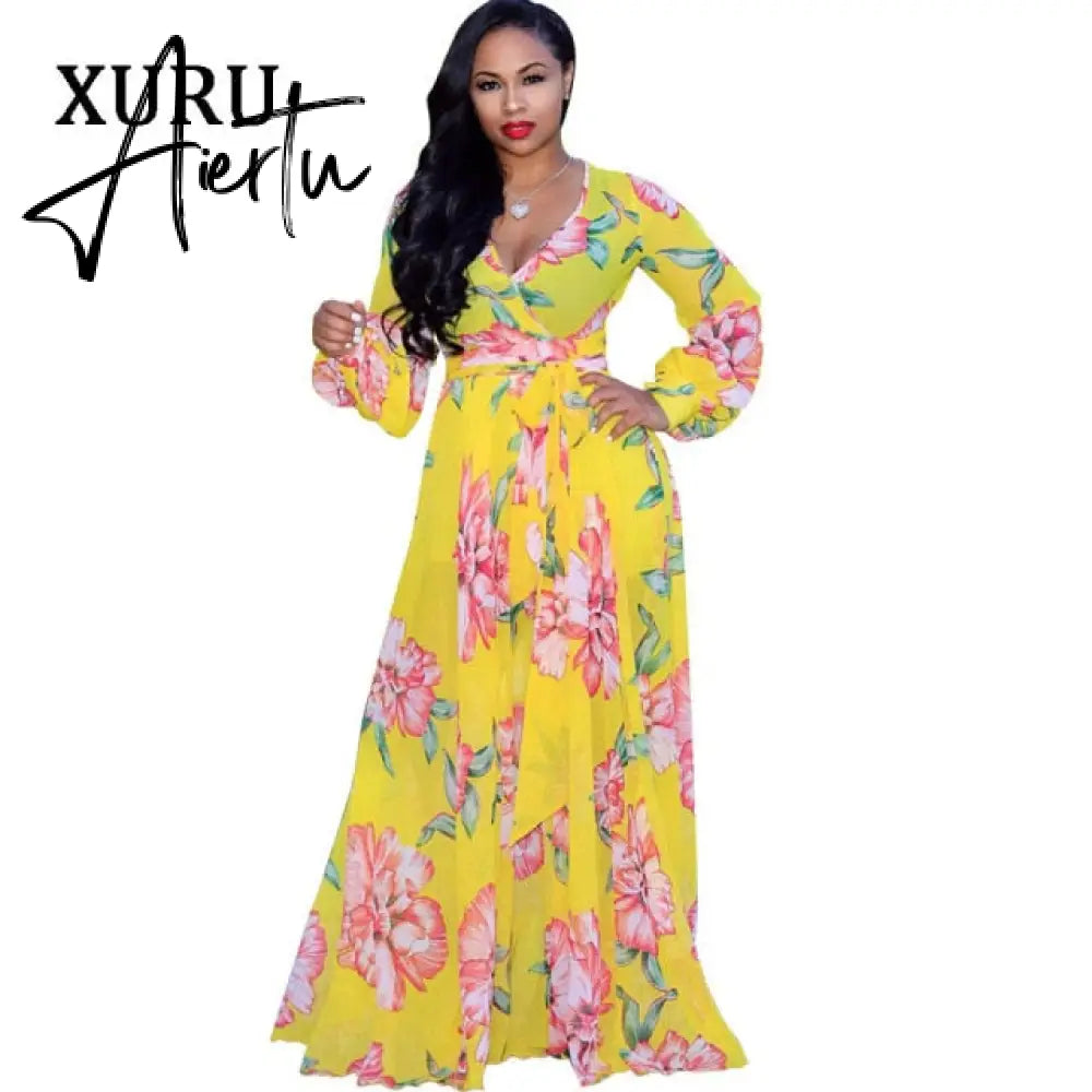 XURU new chiffon print plus size dress S-5XL women long sleeve dress V-neck casual loose dress Sexy woman dress Aiertu