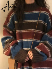Y2k Aesthetic Sweaters O Neck Harajuku Pullover Womens Japanese Striped Jumpers Knitwear Autumn Grunge Contrast Color Pullovers Aiertu