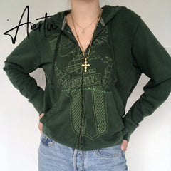 Y2K Aesthetic Women Hoodies with Pockets 90s Vintage Graphic Printed Zipper Coat Top E-girl Sweatshirt Green Autumn fairy grunge Aiertu