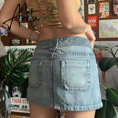 Y2K Preppy Retro Jeans Mini Skirt Korean Fashion High Waist Denim Pencil Skirt Chic Women Harajuku Grunge Vintage Streetwear Aiertu