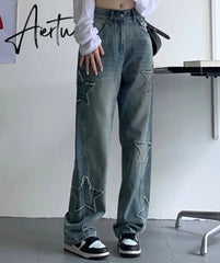 Y2k Star Patchwork Jeans Women Streetwear Low Rise Straight Leg Denim Cargo Pants Baggy Harajuku Vintage Casual Jean 90s Aiertu