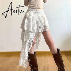 Y2k Stitched Bandage Long Skirt Elegant Loose Irregular Split Cute Aesthetic Skirts for Women Fairycore Holiday Outfits Aiertu