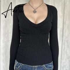 Y2K Vintage V-Neck Knitted T-shirt Autumn Long Sleeve Slim Fit Black Sweater Tees 2000s Retro Grunge Cottage Pullovers Tops Aiertu