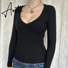 Y2K Vintage V-Neck Knitted T-shirt Autumn Long Sleeve Slim Fit Black Sweater Tees 2000s Retro Grunge Cottage Pullovers Tops Aiertu