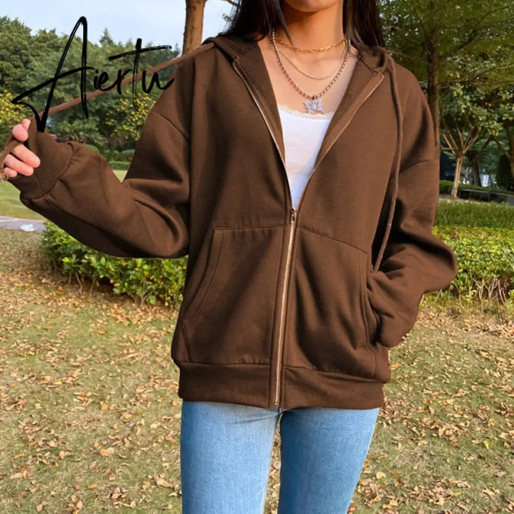 Zip Up Sweatshirt Spring Autumn Jacket Clothes oversize Hoodies Women plus size Vintage Pockets Long Sleeve Casual Large Coats Aiertu