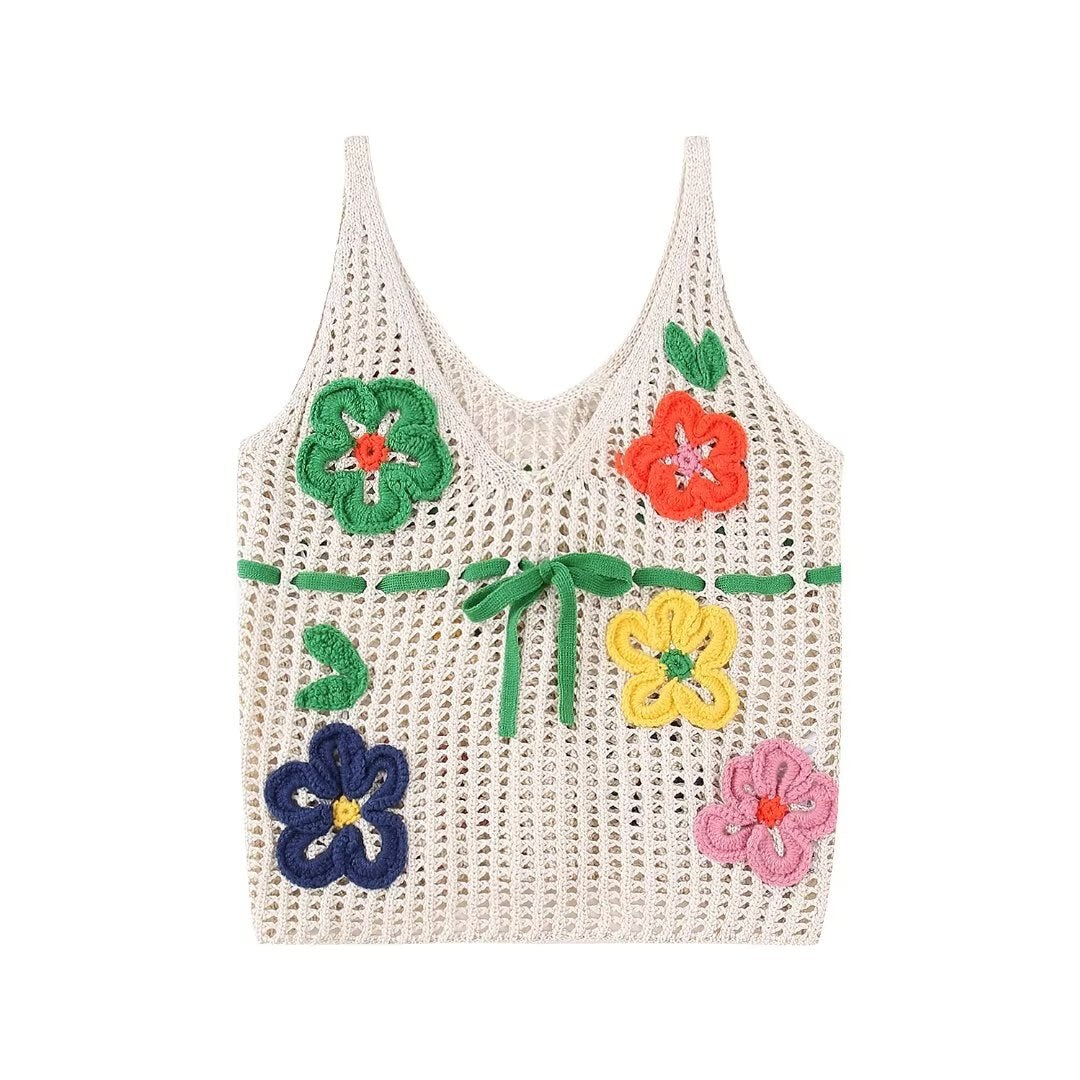 BOHO Colored Flower Front Bow Crochet Camisole Holiday Women V collar Corset Sexy Tank Tops Summer Cropped Camis Aiertu