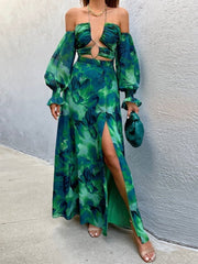 Pokiha Green Print Maxi Dress For Women 2023 Summer New Off-shoulder Backless Thigh High Split Printed Long Dress Vestidos Aiertu