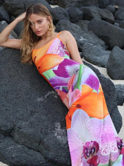 Printed Flower Slip Dress Women Fashion Sleeveless Backless Longuette Summer New Female Holiday Beach Dresses Aiertu